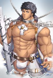 Rule 34 | 1boy, abs, absurdres, armor, asymmetrical legwear, bandages, bara, bare arms, bare pectorals, beard, beckoning, belt, black hair, briefs, brown belt, bulge, chain, chained, cross, cross necklace, cuts, dark-skinned male, dark skin, facial hair, facial scar, feet out of frame, highres, injury, jacket, jewelry, large pectorals, leather belt, looking at viewer, male focus, male underwear, mature male, muscular, muscular male, navel, necklace, nipples, original, partially submerged, pectorals, penis, penis peek, priest, revealing clothes, scar, scar on cheek, scar on face, short hair, sleeveless, sleeveless jacket, solo, stomach, tekkowang, underwear, white jacket, white male underwear