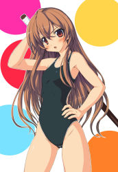 Rule 34 | 00s, 1girl, aisaka taiga, blush, bokken, brown eyes, brown hair, competition swimsuit, flat chest, highres, ishii akira, long hair, one-piece swimsuit, solo, swimsuit, sword, toradora!, weapon, wooden sword
