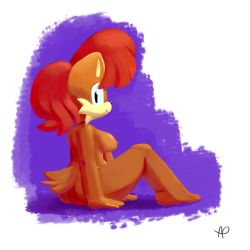 Rule 34 | 1girl, breasts, female focus, full body, furry, furry female, highres, no humans, nude, sally acorn, sitting, solo, sonic (series)