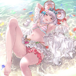 Rule 34 | 1girl, aldehyde, animal ears, armpits, arms up, bare shoulders, bikini, blush, breasts, bridal garter, choker, collarbone, eyewear on head, fake animal ears, frilled choker, frills, granblue fantasy, highres, knee up, legs, looking at viewer, lying, microskirt, mouse (animal), mouse ears, navel, on back, open mouth, pink bikini, red eyes, shore, short hair, skirt, small breasts, smile, star-shaped eyewear, star (symbol), striped bikini, striped clothes, sunglasses, swimsuit, thighs, vikala (blooming summer wallflower) (granblue fantasy), vikala (granblue fantasy), water, wet, white hair