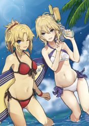 Rule 34 | &gt;:d, 2girls, :d, ;d, ahoge, artist name, artoria pendragon (all), artoria pendragon (fate), artoria pendragon (swimsuit archer) (fate), artoria pendragon (swimsuit archer) (first ascension) (fate), bad anatomy, bikini, blonde hair, blue eyes, blue sky, blurry, braid, breasts, criss-cross halter, day, depth of field, fang, fate/apocrypha, fate/grand order, fate/stay night, fate (series), finger on trigger, fisheye, front-tie bikini top, front-tie top, gluteal fold, grey eyes, hair between eyes, hair ornament, hair scrunchie, halterneck, highres, lens flare, looking at viewer, medium breasts, mordred (fate), mordred (fate) (all), mordred (fate/apocrypha), mordred (swimsuit rider) (fate), mordred (swimsuit rider) (first ascension) (fate), multiple girls, navel, non-web source, one eye closed, open mouth, outdoors, palm tree, ponytail, red bikini, saber (fate), scrunchie, side-tie bikini bottom, sky, small breasts, smile, string bikini, surfboard, swimsuit, tan, teshima nari, tree, v-shaped eyebrows, wading, water gun, white bikini, wristband