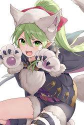 Rule 34 | 1girl, animal ears, animal hands, cosplay, fake animal ears, fake tail, fangs, fire emblem, fire emblem awakening, fire emblem heroes, gloves, green eyes, green hair, grima (fire emblem), grima (fire emblem) (cosplay), haru (nakajou-28), nintendo, open mouth, paw gloves, robe, robin (female) (fire emblem), robin (female) (fire emblem) (cosplay), robin (fire emblem), shorts, simple background, solo, tail, thighs, twintails, v-shaped eyebrows, white background, wolf ears, wolf tail