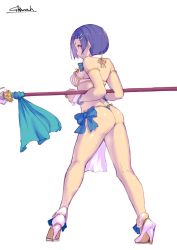 Rule 34 | 1girl, araki rena, ass, back, bare shoulders, brown eyes, gbmah, grin, high heels, looking at viewer, looking back, polearm, short hair, simple background, smile, solo, spear, tokyo 7th sisters, weapon, white background, wrist cuffs