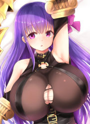 Rule 34 | 10s, 1girl, arm at side, armpits, bare shoulders, black shirt, blush, breasts, cleavage, fate/extra, fate/extra ccc, fate/grand order, fate (series), gigantic breasts, hair ribbon, huge breasts, long hair, looking at viewer, neneru, o-ring, o-ring top, passionlip (fate), purple eyes, purple hair, ribbon, shirt, sleeveless, sleeveless shirt, solo, upper body, very long hair