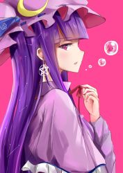 Rule 34 | 1girl, absurdres, bad id, bad pixiv id, blue ribbon, blunt bangs, bubble, capelet, commentary, constellation print, crescent, crescent pin, dleung, english commentary, hat, hat ribbon, highres, long hair, looking at viewer, magic circle, mob cap, open mouth, patchouli knowledge, pink background, purple eyes, purple hair, red neckwear, ribbon, sideways glance, simple background, solo, touhou, upper body, very long hair