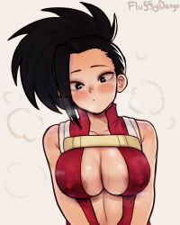 Rule 34 | 1girl, absurdres, areola slip, bare arms, black eyes, black hair, blush, boku no hero academia, breasts, cleavage, collarbone, fluffydango, heavy breathing, highres, large breasts, looking at viewer, no bra, solo, sweat, yaoyorozu momo