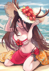 Rule 34 | 1girl, animal ears, antlers, bell, bikini, blue eyes, blush, breasts, brown hair, commentary, deer antlers, deer ears, deer girl, flower, full body, hair between eyes, hands on headwear, hands up, hat, highres, horns, jingle bell, large breasts, leaf, long hair, looking at viewer, mist train girls, nara (mist train girls), navel, official alternate costume, open mouth, outdoors, pink bikini, pink sarong, red flower, sand, shore, sitting, solo, straw hat, swimsuit, tomisaka yorui, wariza, water