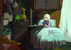 Rule 34 | 1girl, absurdres, bad id, bad pixiv id, bed, bed sheet, book, chest of drawers, clipboard, closed mouth, commentary request, dream catcher, grey hair, highres, holding, holding pen, ink bottle, ink pen, inkwell, long sleeves, moonlight, nib pen (object), night, nightgown, open book, original, paper, pen, pillow, plant, potted plant, purple nightgown, short hair, sitting, solo, stuffed animal, stuffed giraffe, stuffed toy, turquoise iro, under covers
