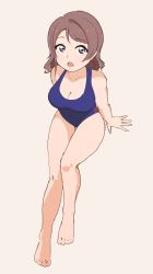 Rule 34 | 1girl, absurdres, blue eyes, blue one-piece swimsuit, breasts, cleavage, collarbone, grey hair, highres, looking at viewer, looking up, love live!, love live! sunshine!!, one-piece swimsuit, open mouth, short hair, simple background, sitting, stepen, swimsuit, watanabe you