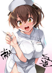 Rule 34 | 10s, 1girl, :d, aburidashi zakuro, blush, breasts, commentary request, girls und panzer, hat, koyama yuzu, large breasts, looking at viewer, nurse, nurse cap, open mouth, pink background, short hair, short sleeves, smile, solo, syringe, two-tone background, white background, yellow eyes
