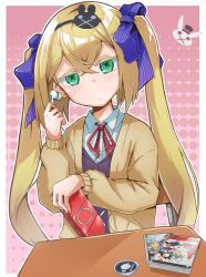 Rule 34 | 1girl, 7th dragon (series), 7th dragon 2020, 7th dragon 2020-ii, alternate costume, animal print, black hairband, blonde hair, blush, border, bow, brown jacket, chair, chelsea (7th dragon), closed mouth, collared shirt, commentary request, desk, earphones, green eyes, hacker (7th dragon), hair between eyes, hairband, halftone, halftone background, handheld game console, head tilt, highres, jacket, long hair, looking at viewer, outside border, pink background, playstation portable, purple bow, rabbit print, red ribbon, ribbon, school chair, school desk, shirt, single earphone removed, sitting, solo, striped bow, teddyfredy26, twintails, umd, upper body, white border, white shirt