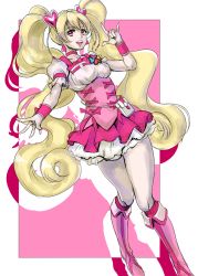 Rule 34 | 00s, 1girl, \m/, bad id, bad pixiv id, blonde hair, boots, bow, choker, corset, cure peach, earrings, fresh precure!, full body, hair ornament, heart, heart earrings, heart hair ornament, jewelry, knee boots, kuppipi ramutarou, long hair, looking at viewer, magical girl, momozono love, pink background, pink bow, pink eyes, pink footwear, pink skirt, precure, skirt, smile, solo, twintails, wrist cuffs