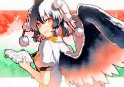Rule 34 | 1girl, bad id, bad twitter id, bird wings, black hair, black wings, blush, book, feathered wings, hair between eyes, hat, highres, holding, holding book, looking back, open mouth, pointy ears, pom pom (clothes), puffy short sleeves, puffy sleeves, qqqrinkappp, red eyes, red hat, shameimaru aya, shirt, short hair, short sleeves, smile, solo, tokin hat, touhou, traditional media, upper body, white shirt, wings