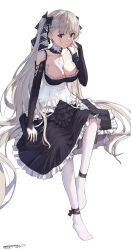 Rule 34 | 1girl, absurdres, azur lane, between breasts, black dress, black gloves, breasts, cleavage, dated, dress, formidable (azur lane), frilled dress, frills, gloves, hair ribbon, highres, large breasts, light brown hair, long hair, looking at viewer, no shoes, pantyhose, red eyes, ribbon, signature, sitting, solo, sun gzf, twintails, two-tone dress, two-tone ribbon, very long hair