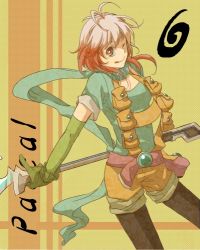 Rule 34 | 1girl, :q, bad id, bad pixiv id, blue shirt, character name, leggings, lowres, multicolored hair, one eye closed, orange background, pantyhose, pascal (tales), red hair, scarf, shibanashi miso, shirt, shorts, solo, staff, tales of (series), tales of graces, tongue, tongue out, two-tone hair, una, white hair, wink