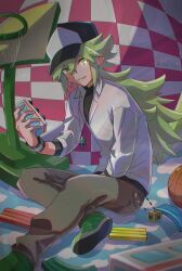 Rule 34 | 1boy, absurdres, basketball, basketball hoop, black hat, collared shirt, creatures (company), crossed bangs, game freak, green footwear, green hair, hat, highres, holding, indoors, jayj 824, jewelry, long hair, looking at viewer, male focus, n (pokemon), necklace, nintendo, pants, pokemon, pokemon bw, ponytail, shirt, shoes, sitting, smile, solo, undershirt, white shirt, wristband