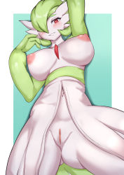 Rule 34 | 1girl, arm up, blush, bob cut, breasts, breasts apart, clitoris, colored skin, cowboy shot, creatures (company), eyelashes, furrowed brow, furry, furry female, game freak, gardevoir, gen 3 pokemon, gluteal fold, green skin, grin, groin, hair over one eye, hand up, highres, kironzen, large breasts, long bangs, looking at viewer, lying, multicolored skin, navel, nintendo, nipples, nude, on back, pokemon, pokemon (creature), puffy nipples, pussy, red eyes, seductive smile, short hair, smile, solo, stomach, two-tone skin, uncensored, white skin