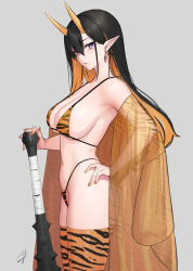 Rule 34 | 1girl, animal print, bare shoulders, bikini, black hair, blush, breasts, cleavage, club, club (weapon), collarbone, colored inner hair, earrings, hand on own hip, hayabusa, highleg, highleg bikini, highres, horns, jewelry, kanabou, large breasts, long hair, looking at viewer, micro bikini, mole, mole under mouth, multicolored hair, navel, oni, oni horns, orange bikini, orange hair, orange horns, orange nails, orange thighhighs, original, pointy ears, purple eyes, see-through, sideboob, simple background, skindentation, slit pupils, solo, standing, swimsuit, thighhighs, thighs, tiger print, tiger stripes, weapon