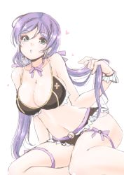 Rule 34 | 10s, 1girl, adapted costume, breasts, cleavage, frapowa, green eyes, heart, large breasts, long hair, looking at viewer, love live!, love live! school idol project, no brand girls, purple hair, simple background, solo, tojo nozomi, white background
