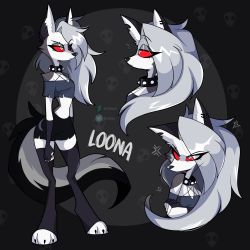 Rule 34 | 1girl, absurdres, anger vein, animal ears, breasts, chiz, collar, colored sclera, commentary, deviantart username, english commentary, fingerless gloves, full body, furry, furry female, gloves, helluva boss, highres, long hair, looking at viewer, loona (helluva boss), multiple views, navel, piercing, red sclera, snout, solo, spiked collar, spikes, standing, tail, thighhighs, twitter username, white fur, wolf ears, wolf girl, wolf tail