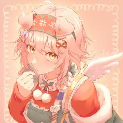 Rule 34 | 1girl, animal ears, arknights, blush, border, bow, cat ears, cat girl, cattie art, commentary, fake wings, frown, fur-trimmed jacket, fur trim, goldenglow (arknights), goldenglow (maiden for the bright night) (arknights), green bow, green jacket, hair bow, hair ornament, hair rings, hairband, highres, jacket, long sleeves, looking at viewer, pink background, pink hair, pom pom (clothes), red bow, red hairband, red sweater, simple background, solo, sweater, twitter username, upper body, white bow, wings, x hair ornament, yellow eyes