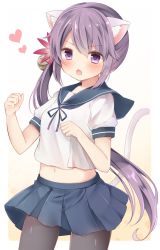 Rule 34 | &gt;:o, 10s, 1girl, :o, akebono (kancolle), animal ears, bad id, bad twitter id, bell, black pantyhose, blush, cat ears, cat tail, chestnut mouth, cowboy shot, fang, flower, hair bell, hair flower, hair ornament, heart, highres, jingle bell, kantai collection, long hair, masayo (gin no ame), midriff, navel, neck ribbon, pantyhose, paw pose, pleated skirt, purple eyes, purple hair, ribbon, sailor collar, school uniform, serafuku, side ponytail, skirt, solo, stomach, tail, v-shaped eyebrows, very long hair, white background
