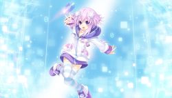 Rule 34 | 10s, 1girl, :d, absurdres, cd, choker, d-pad, game cg, hair ornament, highres, hood, hoodie, looking at viewer, neptune (neptunia), neptune (series), official art, open mouth, purple eyes, purple hair, short hair, smile, solo, striped clothes, striped legwear, striped thighhighs, thighhighs, tsunako