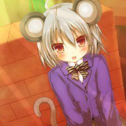Rule 34 | 1girl, animal ears, bad id, bad pixiv id, blush, bow, contemporary, greatmosu, grey hair, looking at viewer, mouse ears, mouse tail, nazrin, open mouth, red eyes, short hair, solo, tail, touhou