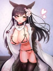 Rule 34 | 1girl, animal collar, animal ears, atago (azur lane), atago (hallmarks of winter) (azur lane), azur lane, black gloves, black hair, black thighhighs, blush, bra, breasts, collar, crotchless, crotchless panties, cupless bra, curvy, doyouwantto, flower, frilled thighhighs, frills, gloves, hair flower, hair ornament, heart, highres, large breasts, leaning forward, long hair, looking at viewer, mole, mole under eye, navel, nipples, open clothes, open mouth, panties, simple background, smile, solo, standing, thighhighs, underwear, wide hips, yellow eyes