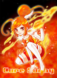 Rule 34 | 10s, 1girl, bike shorts, bike shorts under skirt, black background, boots, bow, bowtie, brooch, character name, choker, cure sunny, dress, fire, full body, gradient background, hair bun, highres, hino akane (smile precure!), jewelry, magical girl, orange background, orange bow, orange bowtie, orange dress, orange eyes, orange hair, orange skirt, orange theme, precure, ramune02, red shorts, short hair, shorts, shorts under skirt, single hair bun, skirt, smile, smile precure!, solo, squatting, thigh boots, thighhighs, white thighhighs