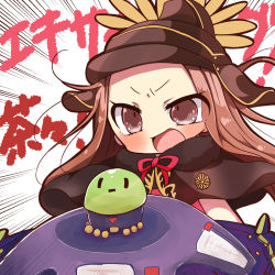 Rule 34 | 1girl, battle dome, black hat, blush, brown eyes, brown hair, chacha (fate), fate/grand order, fate (series), gold trim, hat, highres, jako (jakoo21), long hair, oda nobukatsu (fate), open mouth, red ribbon, ribbon, solo, text background, text focus, translation request, v-shaped eyebrows, | |