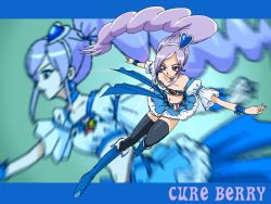 Rule 34 | 00s, 1girl, aono miki, bare shoulders, black thighhighs, blue background, blue footwear, blue skirt, blue theme, boots, character name, choker, cure berry, eyelashes, fresh precure!, fuchi minoru, full body, hair ornament, hairband, heart, heart hair ornament, knee boots, long hair, magical girl, midriff, navel, precure, puffy sleeves, purple eyes, purple hair, serious, skirt, solo, thighhighs, thighhighs under boots, wrist cuffs
