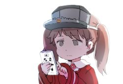 Rule 34 | 10s, 1girl, animal print, bad id, bad twitter id, bear print, brown eyes, brown hair, cellphone, commentary request, empty eyes, expressionless, gomennasai, hair tie, holding, holding phone, jacket, japanese clothes, kantai collection, kariginu, long sleeves, magatama, matching hair/eyes, panda print, phone, red jacket, ryuujou (kancolle), simple background, sketch, sleeves past wrists, smartphone, solo, twintails, upper body, visor cap, white background, wide sleeves, aged down