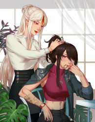 Rule 34 | 2girls, adjusting hair, alternate costume, arm support, arm tattoo, armpits, beidou (genshin impact), black hair, black pants, bracelet, chair, collared shirt, commentary, contemporary, english commentary, eyepatch, genshin impact, hair between eyes, hair bun, head rest, high-waist pants, highres, jewelry, long hair, long sleeves, looking at another, mouth hold, multicolored hair, multiple girls, necklace, ningguang (genshin impact), pants, parted lips, plant, red eyes, shirt, sidelocks, single hair bun, sitting, smile, stomach, streaked hair, table, tattoo, thuy t., twitter logo, two-tone background, watch, white hair, white shirt, wristwatch, yakuza