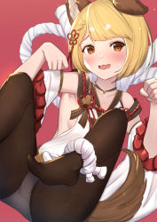 Rule 34 | 1girl, animal ear fluff, animal ears, bare shoulders, black pantyhose, blonde hair, blush, braid, breasts, brown eyes, collarbone, commentary request, detached sleeves, dog ears, dog girl, dog tail, erune, eyebrows hidden by hair, fang, granblue fantasy, hair ornament, hands up, highres, knees up, looking at viewer, no shoes, open mouth, panties, panties under pantyhose, pantyhose, red background, rope, shimenawa, short sleeves, small breasts, solo, sweat, tail, underwear, uneg, vajra (granblue fantasy), wavy mouth, white sleeves, wide sleeves