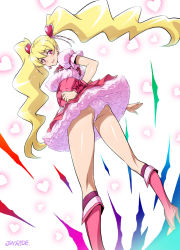 Rule 34 | 00s, 1girl, ass, blonde hair, boots, bow, cure peach, fresh precure!, hair ornament, heart, heart hair ornament, high heel boots, high heels, joy ride, long hair, looking at viewer, looking back, magical girl, momozono love, panties, pantyshot, pink bow, pink eyes, pink footwear, precure, skirt, solo, standing, twintails, underwear, upskirt