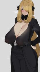 Rule 34 | 1girl, alternate breast size, areola slip, black eyes, blonde hair, blush, breasts, chamchami, cleavage, commentary, creatures (company), curvy, cynthia (pokemon), dress, game freak, hair over one eye, hand on own hip, huge breasts, large areolae, long hair, looking at viewer, nintendo, plump, pointy breasts, pokemon, pokemon dppt, sagging breasts, see-through, solo, standing