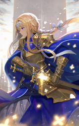 Rule 34 | 1girl, alice zuberg, armor, armored dress, blonde hair, blue eyes, braid, commentary request, dress, floating hair, from side, frown, glowing, gold armor, hair between eyes, hair ribbon, hairband, highres, holding, holding sword, holding weapon, knight, long hair, looking at viewer, ribbon, sl86, solo, sword, sword art online, weapon, white hairband, white ribbon, yellow armor