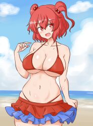 Rule 34 | 1girl, bikini, blue sky, breasts, bright pupils, cleavage, cloud, commentary request, commission, cowboy shot, frilled bikini, frills, hair bobbles, hair ornament, horizon, large breasts, looking at viewer, mizusoba, navel, ocean, onozuka komachi, open mouth, outdoors, red bikini, red eyes, red hair, short hair, skeb commission, sky, solo, standing, swimsuit, touhou, two side up, white pupils