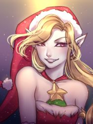 Rule 34 | 1girl, ambitious elf jinx, blonde hair, bow, choker, christmas, grin, hat, highres, jinx (league of legends), league of legends, lips, long hair, pointy ears, ribbon, santa hat, smile