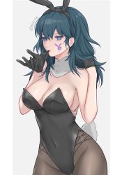 Rule 34 | 1girl, animal ears, artist name, bare arms, bare shoulders, black gloves, black hairband, black leotard, blue eyes, blue hair, breasts, byleth (female) (fire emblem), byleth (fire emblem), cleavage, covered navel, cowboy shot, facial mark, fake animal ears, fake tail, fire emblem, fire emblem: three houses, gloves, groin, hair between eyes, hairband, hands up, highres, large breasts, leotard, long hair, looking at viewer, mouth hold, mouth pull, nintendo, pantyhose, playboy bunny, rabbit ears, rabbit tail, shimizu akina, solo, strapless, strapless leotard, tail, twitter username