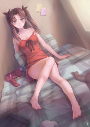 Rule 34 | 1girl, babydoll, bare legs, barefoot, bed, blue eyes, blush, bra, unworn bra, brown hair, camisole, dutch angle, fate/stay night, fate (series), feet, full body, hair ribbon, head tilt, highres, indoors, jay xu, legs, long hair, long legs, looking at viewer, nightgown, on bed, open mouth, paper, plaid, red babydoll, revision, ribbon, unworn shirt, signature, sitting, skirt, unworn skirt, sleepwear, solo, strap slip, unworn thighhighs, tohsaka rin, triangle mouth, twintails, two side up, underwear, window