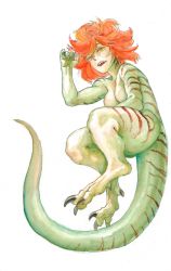 Rule 34 | 1girl, breasts, claws, colored skin, full body, green skin, kanemaki thomas, reptile girl, lizard tail, monster girl, no nipples, nude, original, painting (medium), red hair, scales, sharp teeth, slit pupils, solo, tail, talons, teeth, thick thighs, thighs, traditional media, watercolor (medium), wavy hair, white background, yellow eyes