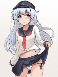 Rule 34 | 1girl, absurdres, blue eyes, blue hair, blush, clothes lift, cowboy shot, gluteal fold, hibiki (kancolle), highres, kantai collection, kinakomochi (testament05), lifted by self, light blue hair, long hair, midriff, navel, neckerchief, open mouth, panties, pleated skirt, red neckerchief, school uniform, serafuku, simple background, skirt, skirt lift, solo, underwear, white background, white panties