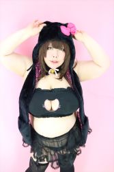 Rule 34 | 1girl, asian, breasts, brown hair, cat cutout, cat lingerie, clothing cutout, fat, highres, huge breasts, luu (cosplayer), meme attire, photo (medium), solo