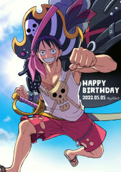 Rule 34 | 1boy, blue sky, cape, english text, facing viewer, grin, hat, highres, jolly roger, jumping, looking at viewer, monkey d. luffy, one piece, pirate hat, punching, sandals, scar, scar on face, shirt, shorts, sky, smile, t-shirt, teeth, youkan (tako)