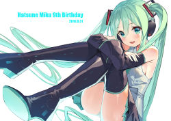Rule 34 | 10s, 1girl, 2016, black footwear, black thighhighs, blush, boots, character name, crossed arms, dated, detached sleeves, gaou (umaiyo puyoman), green eyes, green hair, hatsune miku, headphones, hugging own legs, long hair, looking at viewer, matching hair/eyes, necktie, open mouth, panties, pantyshot, sitting, skirt, solo, thigh boots, thighhighs, twintails, underwear, very long hair, vocaloid, white background