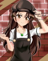 Rule 34 | 1girl, adjusting clothes, adjusting headwear, birthday, black eyes, black hair, black hat, black overalls, brick wall, cabbie hat, casual, character name, closed mouth, commentary, cursive, english text, girls und panzer, happy birthday, hat, highres, jewelry, kokophama, long hair, looking at viewer, necklace, nishi kinuyo, overalls, shadow, shirt, short sleeves, smile, solo, standing, t-shirt, twitter username, white shirt