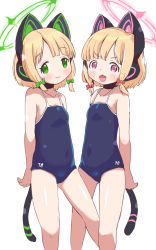 Rule 34 | 2girls, :d, animal ear headphones, animal ears, bare arms, bare shoulders, blonde hair, blue archive, blue one-piece swimsuit, blush, bow, breasts, closed mouth, collarbone, commentary request, covered navel, fake animal ears, green bow, green eyes, green halo, hair bow, halo, headphones, highres, lemon pan, looking at viewer, midori (blue archive), momoi (blue archive), multiple girls, one-piece swimsuit, open mouth, pink halo, red bow, red eyes, school swimsuit, siblings, sidelocks, simple background, sisters, small breasts, smile, swimsuit, tail, twins, v-shaped eyebrows, white background