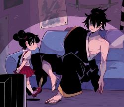 Rule 34 | 1boy, 1girl, age difference, arms behind back, bad id, bad twitter id, bare shoulders, black hair, blue eyes, closed mouth, collarbone, couch, double bun, hair bun, indoors, japanese clothes, katana, katana zero, mako gai, nipples, parted lips, poster (medium), poster (object), red eyes, red skirt, shaded face, sitting, skirt, smile, standing, sword, television, weapon, zero (katana zero)